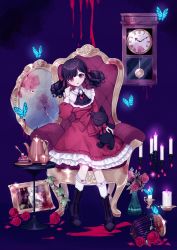 Rule 34 | 1girl, :o, absurdres, akikawa higurashi, ascot, birdcage, blood, blood on wall, blue butterfly, blunt bangs, blush, boots, bow, broken mirror, brooch, bug, butterfly, cage, cake, cake slice, candle, candlestand, clock, collar, cross-laced footwear, cup, curly hair, dress, dress bow, fang, fire, flower, food, frilled collar, frills, glowing, grandfather clock, hair bow, head on hand, heterochromia, highres, insect, jewelry, kneehighs, lolita fashion, long sleeves, looking at viewer, low twintails, medium dress, medium hair, mirror, neck ribbon, open mouth, original, petticoat, picture frame, plant, puffy long sleeves, puffy sleeves, purple fire, purple hair, red eyes, ribbon, rose, sitting, socks, solo, stuffed animal, stuffed rabbit, stuffed toy, table, teacup, teapot, throne, twintails, vines, wall clock
