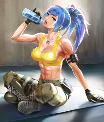 Rule 34 | arm pouch, biceps, blue eyes, blue hair, boots, bottle, camouflage, camouflage pants, cargo pants, combat boots, crop top, drinking, earrings, highres, holding, holding bottle, jewelry, leona heidern, muscular, muscular female, on ground, pants, plastic bottle, ponytail, sitting, soldier, tank top, the king of fighters, the king of fighters xv, triangle earrings, water bottle, yellow tank top, yukinoshinf, yukinoshinf/