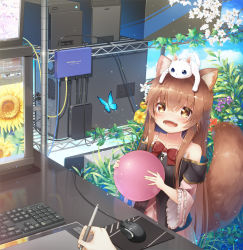 Rule 34 | 1girl, 1other, animal, animal ear fluff, animal ears, animal on head, ball, bare shoulders, blush, brown eyes, brown hair, bug, butterfly, cable, cat, cat on head, commentary request, computer, drawing tablet, fox tail, hair between eyes, highres, holding, holding stylus, insect, keyboard (computer), long hair, looking at viewer, modem, monitor, mouse (computer), mousepad (object), on head, open mouth, original, plant, pov, psyche3313, reflection, stylus, tail