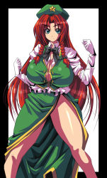 Rule 34 | 1girl, blue eyes, braid, breasts, cleavage, curvy, elbow gloves, female focus, gloves, hair ribbon, hat, hong meiling, huge breasts, immaterial and missing power, kloah, long hair, no panties, red hair, ribbon, solo, thick thighs, thighs, touhou, twin braids