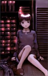 Rule 34 | 1990s (style), 1girl, abe yoshitoshi, absurdres, animal slippers, artbook, brown eyes, brown hair, cable, computer, dress, female focus, highres, iwakura lain, official art, scan, serial experiments lain, server, short hair, sitting, slippers, solo