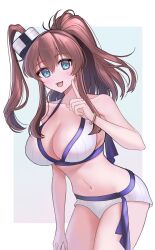 Rule 34 | 1girl, ayuko91, bikini, blue eyes, blush, breasts, brown hair, cleavage, cowboy shot, hair between eyes, hair ornament, highres, index finger raised, kantai collection, large breasts, leaning forward, long hair, looking at viewer, open mouth, ponytail, saratoga (kancolle), saratoga (swimsuit mode) (kancolle), sidelocks, simple background, smokestack hair ornament, solo, swimsuit, white bikini