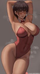 Rule 34 | 1girl, armpits, arms up, black hair, blush, bow, bowtie, breasts, chainsaw man, cleavage, collar, commentary, cowboy shot, detached collar, english commentary, english text, facial scar, grey background, highres, large breasts, leotard, long hair, looking at viewer, open mouth, orange eyes, oroborus, playboy bunny, red bow, red bowtie, red leotard, scar, scar on cheek, scar on face, sidelocks, simple background, solo, steaming body, strapless, strapless leotard, white collar, yoru (chainsaw man)