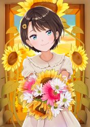 Rule 34 | 1girl, blue eyes, bouquet, brown hair, closed mouth, collar, collared dress, commentary, dress, flower, frilled collar, frills, hair flower, hair ornament, highres, holding, holding bouquet, hololive, looking at viewer, oozora subaru, pink flower, short hair, short sleeves, smile, solo, sunflower, sunflower hair ornament, sunset, taachika, virtual youtuber, white dress