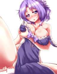 Rule 34 | 1girl, alternate costume, apron, bare arms, bare shoulders, blush, breasts, cleavage, collarbone, covering privates, covering breasts, grabbing, grabbing another&#039;s breast, highres, kumoi ichirin, large breasts, looking at viewer, naked apron, off shoulder, open mouth, partially visible vulva, purple eyes, purple hair, simple background, sitting, solo, spread legs, strap slip, touhou, white background, zan (harukahime)