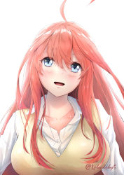 Rule 34 | 1girl, absurdres, ahoge, blue eyes, blush, breasts, collarbone, collared shirt, dress shirt, go-toubun no hanayome, hair between eyes, highres, l-phy, large breasts, long hair, nakano itsuki, open mouth, red hair, shirt, solo, vest, white shirt, yellow vest