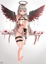 Rule 34 | 1girl, absurdres, akino ell, bare shoulders, barefoot, bikini, black bikini, black choker, blood, blood halo, bottomless, breasts, chest harness, choker, cleavage, fallen angel, feathered wings, feet, flower, gradient hair, grey hair, hair censor, halo, halterneck, harness, highres, knee up, large breasts, leg ribbon, liquid halo, long hair, looking at viewer, melting halo, multicolored hair, navel, open mouth, original, red eyes, red flower, ribbon, rose, simple background, smile, solo, stomach, string bikini, swimsuit, thigh strap, thighs, very long hair, white background, wings