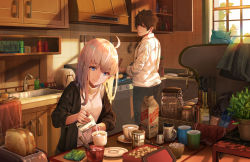 Rule 34 | 1boy, 1girl, ahoge, blouse, bread, coffee, coffee mug, cookie, cowboy shot, cup, food, from behind, grey hair, indoors, kitchen, long hair, looking at another, looking back, looking down, md5 mismatch, milk, morning, mug, nekojira, original, plant, resolution mismatch, shadow, shirt, source larger, standing, sugar cube, toaster, white hair, white shirt, window