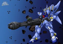 Rule 34 | artist name, dated, floating, green eyes, gun, highres, holding, holding gun, holding weapon, huckebein, looking down, mecha, myu (nature256), no humans, robot, science fiction, solo, space, super robot wars, super robot wars original generation, v-fin, weapon