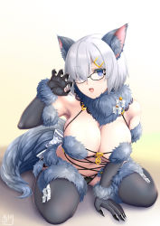 Rule 34 | 1girl, alternate color, animal ears, black-framed eyewear, blue eyes, blush, breasts, claw pose, cleavage, cosplay, elbow gloves, fate/grand order, fate (series), fur trim, glasses, gloves, hair ornament, hair over one eye, hairclip, halloween costume, hamakaze (kancolle), kantai collection, large breasts, looking at viewer, mash kyrielight, mash kyrielight (dangerous beast), mash kyrielight (dangerous beast) (cosplay), official alternate costume, open mouth, osafune kairi, purple gloves, purple thighhighs, silver hair, solo, tail, thighhighs, wolf ears, wolf tail