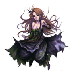 Rule 34 | 1990s (style), 1girl, bare shoulders, breasts, brown hair, cleavage, collarbone, dress, female focus, final fantasy, final fantasy v, full body, green dress, kara (color), large breasts, long hair, looking at viewer, lowres, retro artstyle, simple background, siren (ff5), siren (final fantasy), solo, very long hair, white background
