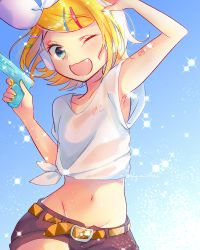 Rule 34 | 1girl, ;d, aqua eyes, arm tattoo, arm up, armpits, belt, blonde hair, blue sky, blush, bow, bra visible through clothes, chest tattoo, clear sky, collarbone, covering face, fang, flat chest, hair bow, hair ornament, hairclip, highres, holding, holding water gun, kagamine rin, kawahara chisato, loose clothes, midriff, nail polish, navel, number tattoo, one eye closed, open mouth, playing, see-through, shirt, short hair, shorts, shoulder tattoo, sketch, sky, smile, solo, sparkle, tattoo, tied shirt, vocaloid, water drop, water gun, wet, wet clothes, yellow nails