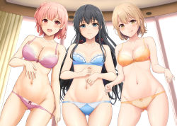 Rule 34 | 3girls, :q, absurdres, black hair, blue bra, blue eyes, blue panties, blush, bra, breasts, collarbone, commentary request, curtains, gluteal fold, groin, highres, inanaki shiki, isshiki iroha, large breasts, light brown hair, long hair, looking at viewer, medium breasts, multiple girls, navel, open mouth, orange bra, orange panties, panties, panty pull, pink bra, pink hair, pink panties, raised eyebrows, red eyes, ribbon, short hair, shy, small breasts, thigh gap, thighs, tongue, tongue out, underwear, underwear only, very long hair, wavy mouth, window, yahari ore no seishun lovecome wa machigatteiru., yellow eyes, yuigahama yui, yukinoshita yukino