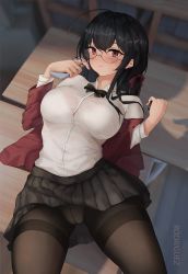 Rule 34 | 1boy, 1girl, absurdres, ahoge, azur lane, bespectacled, black bow, black bowtie, black hair, black jacket, black pantyhose, black skirt, blush, bow, bowtie, bra visible through clothes, breasts, cellphone, chinese commentary, closed mouth, collared shirt, commentary request, glasses, hetero, highres, holding, holding phone, indoors, jacket, large breasts, long hair, long sleeves, looking at viewer, lying, miniskirt, official alternate costume, on back, on table, open clothes, open jacket, panties, panties under pantyhose, pantyhose, partial commentary, phone, pleated skirt, red eyes, rimless eyewear, rodriguez (kamwing), school uniform, shirt, skirt, smartphone, smile, solo focus, table, taihou (azur lane), taihou (sweet time after school) (azur lane), thighband pantyhose, translation request, underwear, white shirt