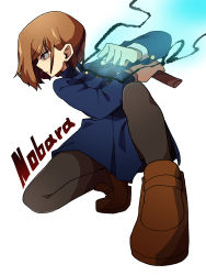 Rule 34 | 1girl, absurdres, blue jacket, blue skirt, brown eyes, brown footwear, brown hair, brown pantyhose, character name, commentary request, full body, gakuran, gomulgong, highres, holding, holding nail, holding weapon, jacket, jujutsu kaisen, korean commentary, kugisaki nobara, long sleeves, miniskirt, nail, on one knee, pantyhose, pleated skirt, profile, school uniform, shirt, shoes, short hair, simple background, skirt, solo, squatting, uniform, weapon, white background, white shirt
