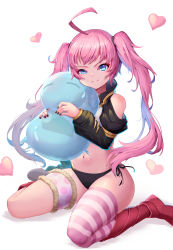 Rule 34 | 1girl, :t, absurdres, ahoge, asymmetrical legwear, black nails, black panties, blue eyes, boots, clothing cutout, creature, feet out of frame, floating hair, heart, highres, holding, holding creature, long hair, long sleeves, midriff, milim nava, nail polish, navel, panties, pink hair, pink thighhighs, red footwear, rimuru tempest, shiny skin, shoulder cutout, side-tie panties, simple background, single thighhigh, sitting, stomach, striped clothes, striped thighhighs, tensei shitara slime datta ken, thigh strap, thighhighs, twintails, underwear, very long hair, wariza, weiyu (jj33jj55), white background