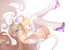 Rule 34 | 1girl, absurdly long hair, animal ear fluff, animal ears, bare shoulders, boots, brown hair, commentary request, dress, eyes visible through hair, glasses, highres, jigatei (omijin), long hair, mittens, mouse ears, mouse girl, mouse tail, hugging object, original, parted bangs, purple-framed eyewear, red eyes, round eyewear, short eyebrows, simple background, solo, tail, thick eyebrows, thigh boots, thighhighs, translation request, very long hair, white background, white dress, white footwear, white mittens, white thighhighs