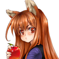 Rule 34 | 00s, 1girl, animal ears, apple, brown hair, food, fruit, holding, holding food, holding fruit, holo, long hair, lowres, mosho, portrait, red eyes, solo, spice and wolf, wolf ears