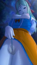 Rule 34 | 1girl, absurdres, apron, blonde hair, blue dress, blue eyes, blue panties, blurry, blurry background, bow, breasts, breasts out, cleft of venus, commentary, commentary request, dragon quest, dragon quest xi, dress, emma (dq11), english commentary, female pubic hair, forest, from below, greatm8, half-closed eyes, highres, long hair, looking at viewer, medium breasts, nature, night, nipples, orange apron, orange bow, outdoors, panties, panty lift, parted bangs, parted lips, partially visible vulva, photoshop (medium), pubic hair, puffy nipples, pussy, pussy juice, solo, source filmmaker (medium), tree, underwear, variant set