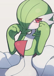 Rule 34 | 1girl, :&lt;, artist name, blush, bob cut, closed mouth, colored skin, creatures (company), female focus, flat chest, game freak, gardevoir, gen 3 pokemon, green hair, green skin, grey background, hair over one eye, half-closed eyes, highres, looking at viewer, multicolored skin, nako (nekono shippo75), nintendo, one eye covered, pokemon, pokemon (creature), red eyes, sad, short hair, signature, simple background, solo, tears, twitter username, two-tone skin, upper body, white skin, wiping tears