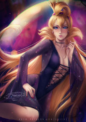 Rule 34 | 1girl, ahoge, axsen, blonde hair, blue eyes, blush, breasts, choker, chromatic aberration, cleavage, cross-laced clothes, crown, dragon&#039;s lair, dress, earrings, hairband, highres, jewelry, long hair, medium breasts, nail polish, pink hairband, princess daphne, purple dress, red nails, signature, solo, sparkle, very long hair, watermark, web address