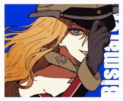 Rule 34 | 1girl, aqua eyes, baozi, bare shoulders, bismarck (kancolle), black gloves, blonde hair, blue background, character name, cropped shoulders, detached sleeves, eyelashes, food, gloves, grin, hair between eyes, hat, kantai collection, long hair, looking at viewer, peaked cap, portrait, simple background, smile, solo, sumoffu, upper body