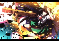 Rule 34 | 1girl, arm cannon, bad id, bad pixiv id, black hair, blush, breasts, cannon, cape, explosion, female focus, full body, itoo, letterboxed, long hair, medium breasts, red eyes, reiuji utsuho, skirt, solo, third eye, touhou, weapon, wings