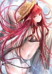 Rule 34 | arknights, artist name, bikini, braid, demon girl, eyelashes, hat, highres, horns, kayjae, long hair, navel, official alternate costume, outdoors, pointy ears, red hair, solo, straw hat, swimsuit, thighs, twin braids, vigna (arknights), vigna (casual vacation) (arknights), wet