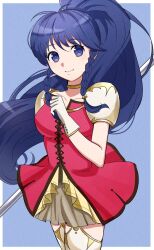 Rule 34 | 1girl, blue background, blue eyes, blue hair, border, braid, choker, closed mouth, collarbone, cowboy shot, dress, fire emblem, fire emblem: the sacred stones, gloves, gmais2514, highres, holding, holding polearm, holding weapon, long hair, looking at viewer, nintendo, outside border, polearm, ponytail, red dress, skirt, smile, solo, tana (fire emblem), twin braids, weapon, white border, white gloves