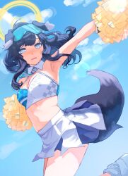 Rule 34 | 1girl, absurdres, animal ears, armpits, bare shoulders, black hair, blue archive, blue eyes, blue skirt, blue sky, blush, breasts, cheerleader, crop top, day, dog ears, dog girl, dog tail, goggles, goggles on head, halo, hibiki (blue archive), hibiki (cheer squad) (blue archive), highres, holding, holding pom poms, irota, long hair, looking at viewer, medium breasts, midriff, millennium cheerleader outfit (blue archive), miniskirt, navel, official alternate costume, open mouth, outdoors, pom pom (cheerleading), pom poms, skirt, sky, solo, tail