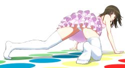 Rule 34 | 10s, 1girl, all fours, arm support, ass, bakemonogatari, camisole, feet, hairband, legs, long legs, looking back, monogatari (series), mouth hold, nisemonogatari, no shoes, panties, pantyshot, reco (fortunequest), sengoku nadeko, skirt, soles, solo, spread legs, thighhighs, thighs, toes, twister, underwear, upskirt, white panties, white thighhighs