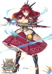 Rule 34 | 1girl, armor, armored dress, boots, brave girl ravens, breasts, cleavage, dress, f-cla, full body, gloves, high heel boots, high heels, highres, holding, holding sword, holding weapon, knee boots, large breasts, long hair, looking at viewer, magic, armored boots, official art, red dress, red eyes, red hair, smile, solo, standing, sword, velvet (brave girl ravens), velvet falteus, weapon, white background