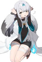 Rule 34 | 1girl, absurdres, animal ears, azur lane, bandages, bodysuit, commentary, grey hair, hair ornament, haruteru, highres, looking at viewer, miyuki (azur lane), navel, shy, simple background, sitting, solo, tail, tears, thighs, white background