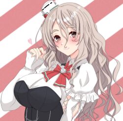 Rule 34 | 1girl, bodice, bow, bowtie, breasts, brown eyes, grey hair, hair between eyes, hat, highres, kantai collection, large breasts, long hair, long sleeves, looking at viewer, mini hat, nitamako (sakamalh), pola (kancolle), red bow, red bowtie, shirt, smile, solo, striped, striped background, thick eyebrows, tilted headwear, upper body, wavy hair, white shirt