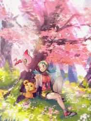 Rule 34 | 1girl, against tree, alternate color, bike shorts, blurry, celebi, cherry blossoms, commentary request, creatures (company), cropped jacket, dappled sunlight, day, eyelashes, game freak, gen 2 pokemon, grass, green eyes, green hair, hair tie, hanenbo, highres, jacket, kris (pokemon), legendary pokemon, light beam, long hair, looking to the side, mythical pokemon, nintendo, open clothes, open jacket, outdoors, pokemon, pokemon (creature), pokemon gsc, shiny pokemon, shoes, signature, sitting, sunlight, teddiursa, tree, twintails