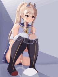 Rule 34 | 1girl, animated, animated gif, ayanami (azur lane), azur lane, bandaged, bandaged leg, bandages, bathroom, black footwear, blonde hair, blue skirt, blush, boots, brown hair, cleft of venus, horns, knee boots, long hair, midriff, neckerchief, oreon z, peeing, ponytail, pussy, school uniform, serafuku, shirt, single thighhigh, skirt, sleeveless, sleeveless shirt, solo, squat toilet, squatting, thighhighs, toilet, toilet use, uncensored, wall, white shirt, white thighhighs, yellow neckerchief