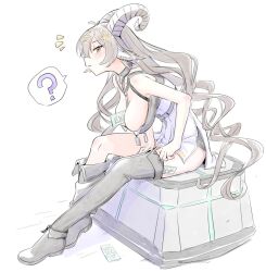 Rule 34 | 1girl, ?, baalia (neural cloud), bare shoulders, between breasts, boots, breasts, brown hair, cleavage, commentary request, from side, full body, girls&#039; frontline, girls&#039; frontline neural cloud, goat horns, hanging breasts, horns, large breasts, long hair, looking at viewer, notice lines, sgnfleen, simple background, sitting, solo, spoken question mark, symbol-shaped pupils, thigh boots, very long hair, white background, yellow eyes
