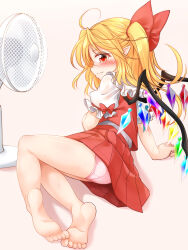 Rule 34 | 1girl, ahoge, arm support, barefoot, blonde hair, blush, closed mouth, crystal, electric fan, fang, fang out, flandre scarlet, frilled sleeves, frills, from side, full body, highres, long hair, looking at viewer, looking to the side, lying, marukyuu ameya, multicolored wings, no headwear, no shoes, no socks, on side, panties, pantyshot, pink background, pink panties, pointy ears, puffy short sleeves, puffy sleeves, red eyes, red skirt, red vest, shirt, short sleeves, simple background, skin fang, skirt, soles, solo, sweat, touhou, underwear, vest, white shirt, wings