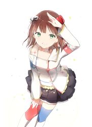 Rule 34 | 1girl, amami haruka, arm up, asymmetrical legwear, bad id, bad tumblr id, black skirt, blue thighhighs, boots, brown hair, buttons, flower, green eyes, hair flower, hair ornament, hair ribbon, hand on thigh, idolmaster, idolmaster (classic), idolmaster movie, knee boots, layered skirt, leaning forward, long sleeves, looking at viewer, lpip, mismatched legwear, red flower, red rose, red thighhighs, ribbon, rose, salute, simple background, skirt, solo, standing, tareme, thighhighs, uniform, white background, white footwear, white ribbon, zettai ryouiki