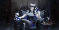 Rule 34 | 1girl, 1other, absurdres, alcohol, animal ears, arknights, armchair, black hair, black pantyhose, black vest, blue gloves, blue necktie, blue shorts, book, book stack, bottle, breasts, cape, chair, collared shirt, cup, dark, ear piercing, feet out of frame, fingerless gloves, gloves, hand in own hair, highres, ice, ice cube, indoors, jangsunyo, lamp, large breasts, looking at viewer, necktie, pantyhose, pantyhose under shorts, piercing, shelf, shirt, shorts, sitting, sword, table, texas (arknights), thighs, vest, weapon, white cape, white shirt, wolf ears, wolf girl, yellow eyes