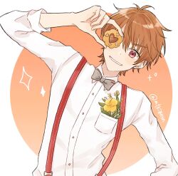Rule 34 | 1boy, arm up, bow, bowtie, brown background, brown hair, collared shirt, dress shirt, flower, food, grey bow, grey bowtie, hair between eyes, heart, highres, holding, holding food, leaning to the side, long sleeves, luke pearce (tears of themis), male focus, mtkignsn, red eyes, shirt, smile, solo, sparkle, suspenders, tears of themis, thick eyebrows, two-tone background, upper body, v-shaped eyebrows, white background, white shirt, yellow flower