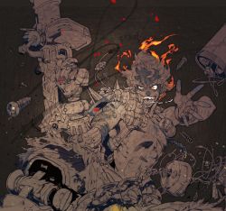 Rule 34 | 1boy, belt, bomb, cable, explosive, eyebrows, fiery hair, fingerless gloves, fire, glitter, gloves, grenade launcher, highres, junkrat (overwatch), male focus, mechanical arms, muscular, open mouth, orange eyes, overwatch, overwatch 1, pants, partially colored, pigeon666, saliva, screw, single mechanical arm, smile, solo, spikes, spring (object), teeth, thick eyebrows, tire, topless male, torn clothes, weapon