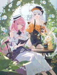 Rule 34 | 2girls, ascot, bare shoulders, black ascot, black overalls, blue eyes, blurry, blurry background, blush, book, breasts, cleavage, cleavage cutout, clothing cutout, commentary request, cup, depth of field, detached sleeves, disposable cup, dress, elysia (honkai impact), flower, frilled dress, frills, hat, highres, holding, holding book, holding cup, honkai (series), honkai impact 3rd, kiana kaslana, korean commentary, large breasts, long sleeves, looking at viewer, low twintails, modare, mug, multiple girls, off-shoulder shirt, off shoulder, open book, open mouth, orange skirt, overall shorts, overalls, paw print, peaked cap, pink hair, puffy long sleeves, puffy sleeves, purple eyes, shirt, sitting, skirt, smile, strap slip, twintails, white dress, white flower, white hair, white hat