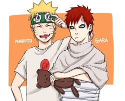 Rule 34 | 2boys, :d, bad id, bad pixiv id, blonde hair, blue eyes, border, character name, closed eyes, closed mouth, crossed arms, facial mark, gaara (naruto), goggles, goggles on head, holding, looking at viewer, multiple boys, naruto, naruto (series), no eyebrows, open mouth, orange background, pinoko (pnk623), red eyes, red hair, shirt, short hair, simple background, smile, stuffed animal, stuffed toy, teddy bear, teeth, uzumaki naruto, white shirt