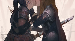 Rule 34 | 2girls, arm grab, armor, aurahack, battle, black hair, blood, blood from mouth, bloody weapon, breastplate, brown hair, cape, commentary, death, english commentary, faulds, female focus, french kiss, hand on another&#039;s face, head out of frame, kiss, medium hair, multiple girls, ninjatou, original, pauldrons, pinky out, ponytail, scabbard, sheath, short sword, shoulder armor, sword, tears, torn clothes, weapon, yuri