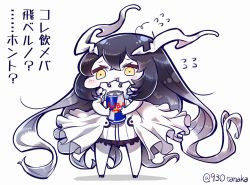 Rule 34 | 1girl, :3, abyssal ship, anchorage water oni, black hair, can, chibi, dress, drink, flying sweatdrops, gradient hair, horns, kantai collection, long hair, multicolored hair, overskirt, red bull, solo, tanaka kusao, translated, twitter username, very long hair, white hair, yellow eyes