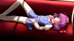 Rule 34 | 1girl, asama isami, blush, bow, couch, hairband, highres, lying, mille, on back, purple hair, red upholstery, sleeping, solo, thighhighs, uwabami breakers, zettai ryouiki