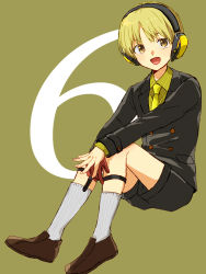 Rule 34 | 1boy, :d, black shorts, blonde hair, brown background, brown footwear, gloves, headphones, highres, hinata (ryohinata), invisible chair, kemono jihen, looking at viewer, male focus, mole, mole under mouth, necktie, nowaki homuramaru, open mouth, red gloves, short hair, shorts, simple background, single glove, sitting, smile, socks, solo, yellow eyes, yellow necktie