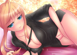 Rule 34 | 1girl, ahoge, artoria pendragon (fate), bad id, bad pixiv id, blonde hair, bottomless, breasts, cleavage, collarbone, fate/zero, fate (series), formal, green eyes, jisper2002, navel, necktie, open clothes, open shirt, ponytail, saber (fate), shirt, sidelocks, sleeves pushed up, solo, suit