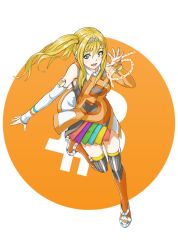 Rule 34 | 1girl, arm warmers, artist request, badge, bitcoin, blonde hair, blush, breasts, button badge, chain, circlet, dress, green eyes, hair ornament, hairclip, headpiece, heel up, high heels, jewelry, logo, long hair, medium breasts, open mouth, rainbow skirt, side ponytail, simple background, skirt, smile, solo, source request, standing, standing on one leg, thighhighs